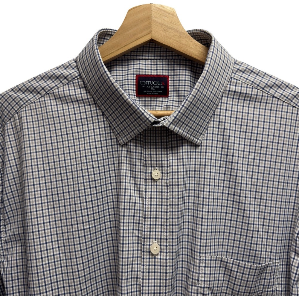 UNTUCKit Mens Sz XXL Button Front Pocket Shirt Blue/Gray Plaid Nylon Stretch euc